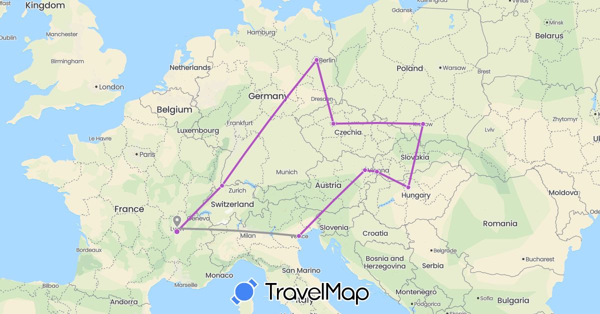 TravelMap itinerary: plane, train in Austria, Switzerland, Czech Republic, Germany, France, Hungary, Italy, Poland, Slovakia (Europe)